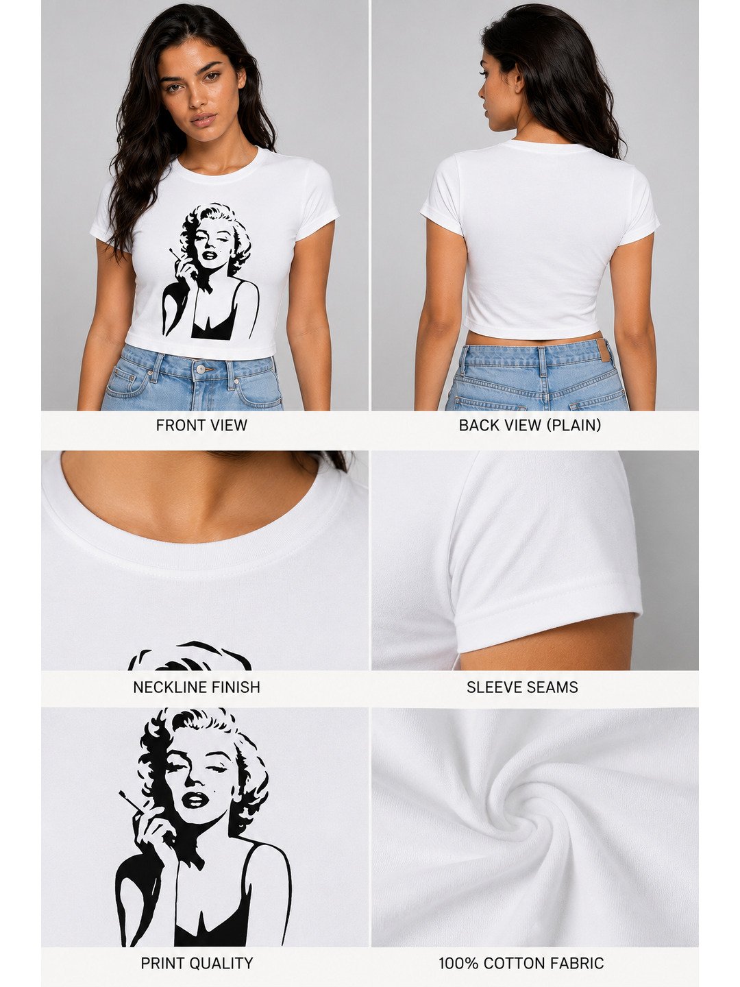 Marylin Monroe Printed Round Neck Crop Pre-customized Tshirt for Women