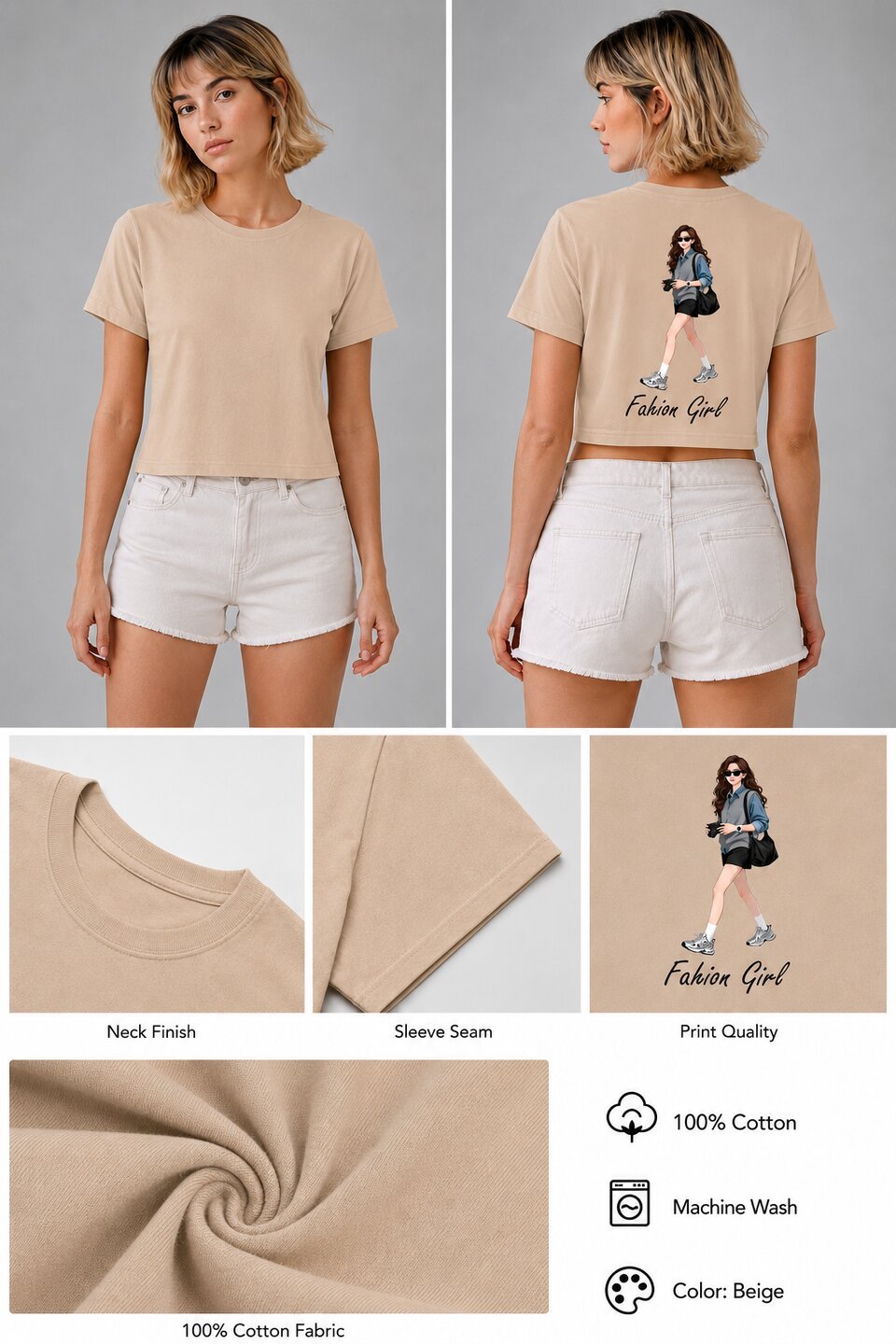 Fashion Girl Printed Round Neck Crop Pre-customized Tshirt for Women
