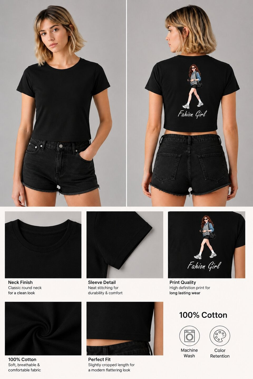 Fashion Girl Printed Round Neck Crop Pre-customized Tshirt for Women