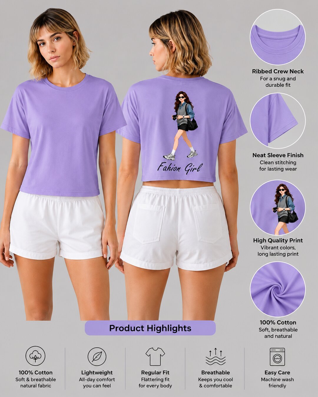 Fashion Girl Printed Round Neck Crop Pre-customized Tshirt for Women
