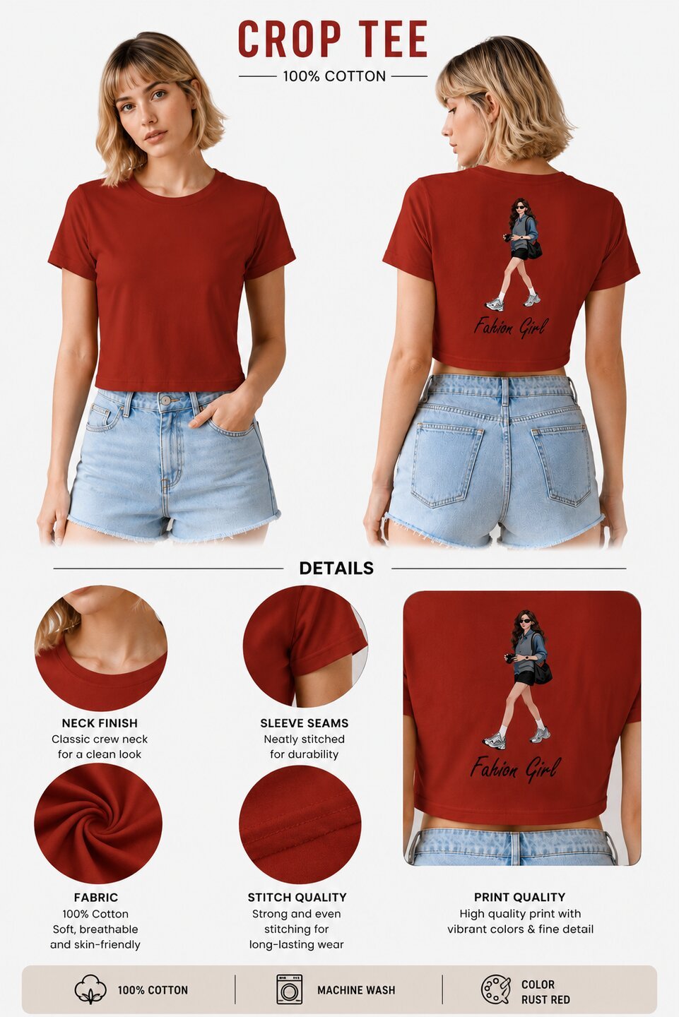 Fashion Girl Printed Round Neck Crop Pre-customized Tshirt for Women
