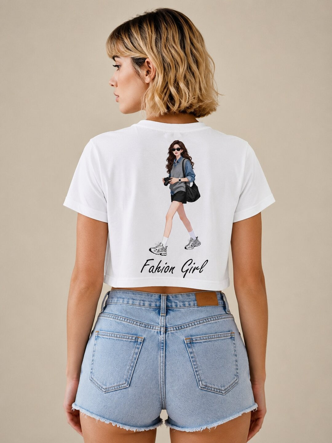 Fashion Girl Printed Round Neck Crop Pre-customized Tshirt for Women
