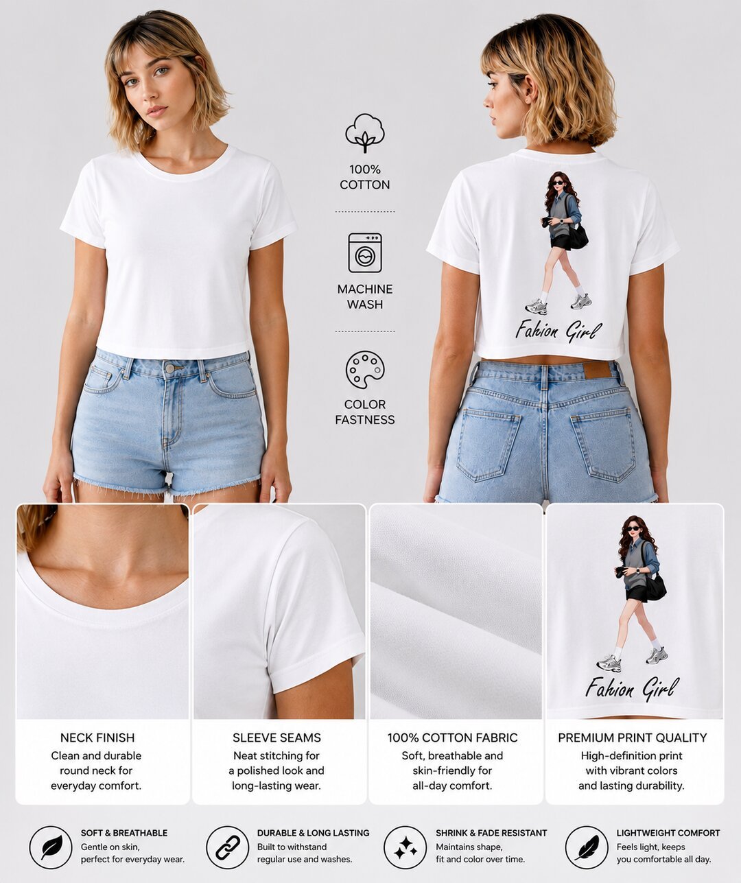 Fashion Girl Printed Round Neck Crop Pre-customized Tshirt for Women
