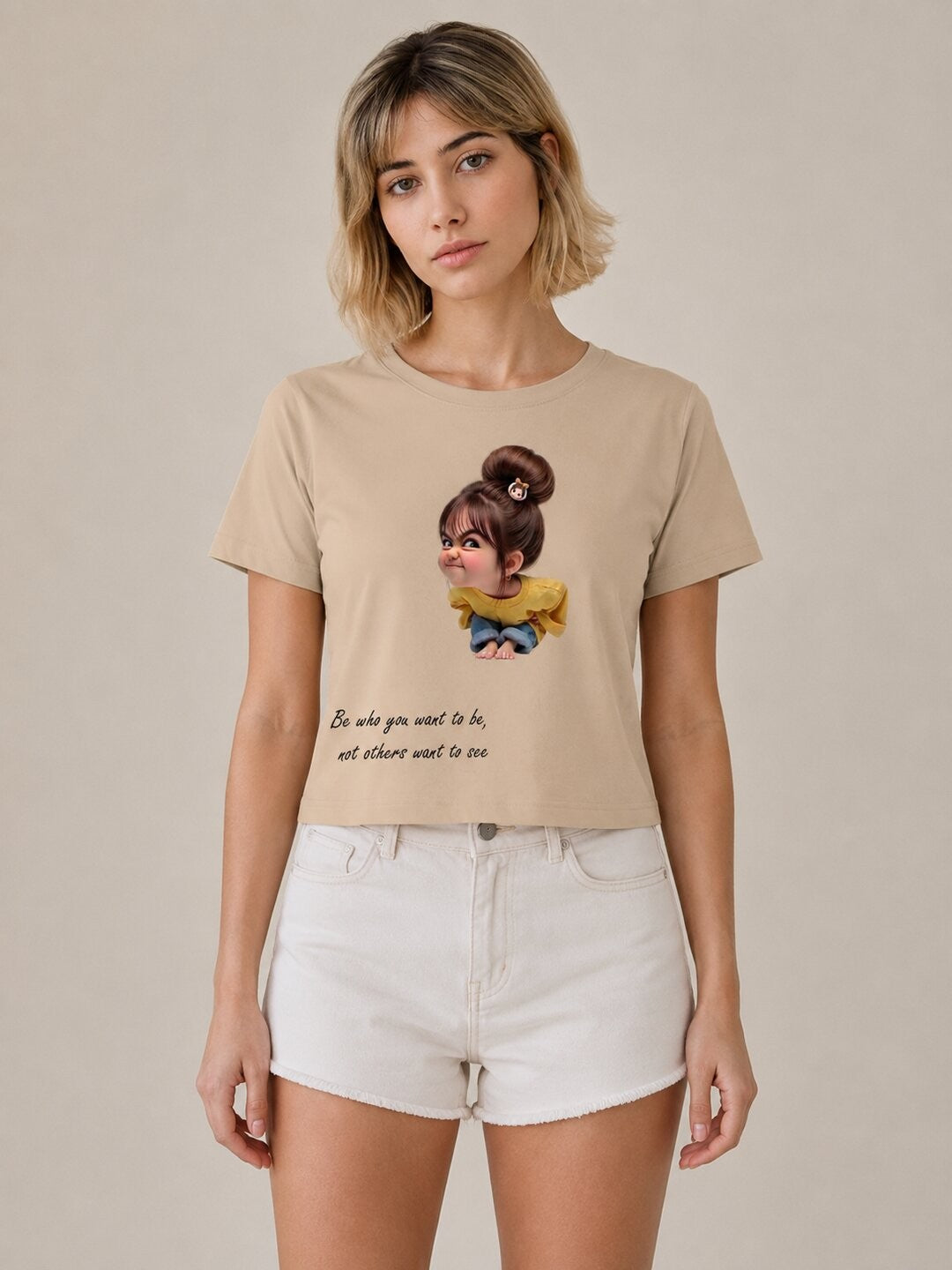 Naughty Printed Round Neck Crop Pre-customized Tshirt for Women