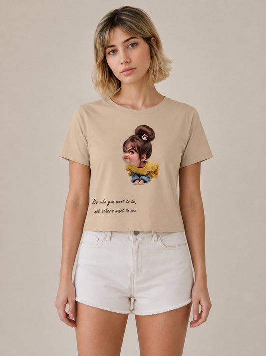 Naughty Printed Round Neck Crop Pre-customized Tshirt for Women
