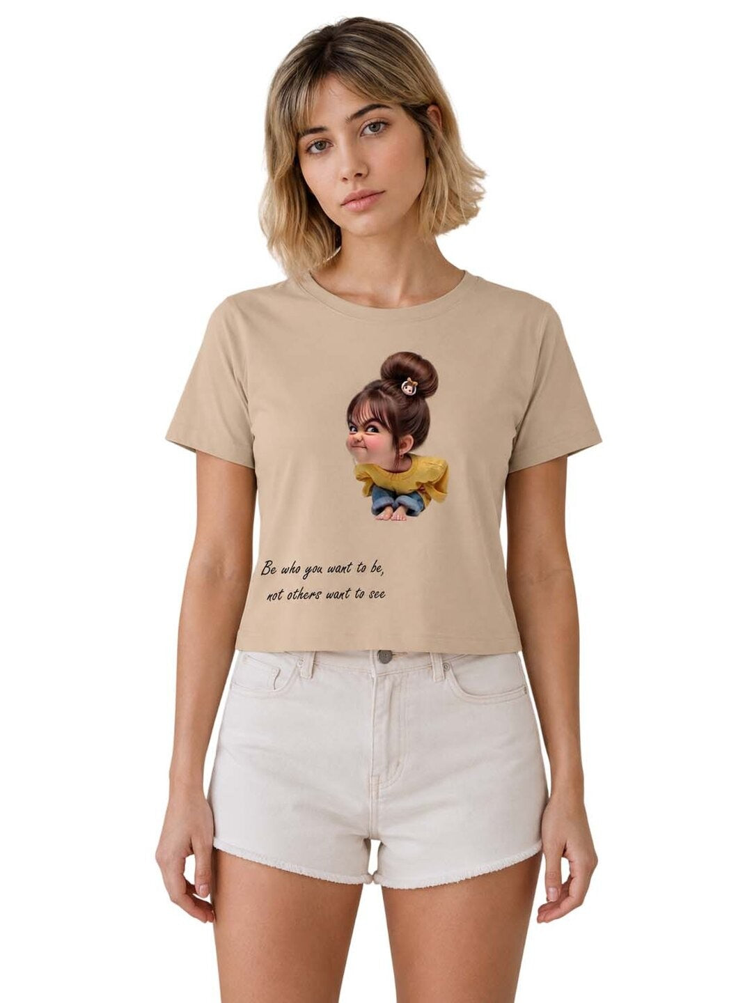 Naughty Printed Round Neck Crop Pre-customized Tshirt for Women