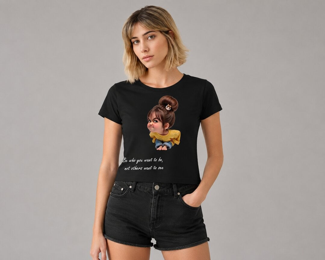 Naughty Printed Round Neck Crop Pre-customized Tshirt for Women