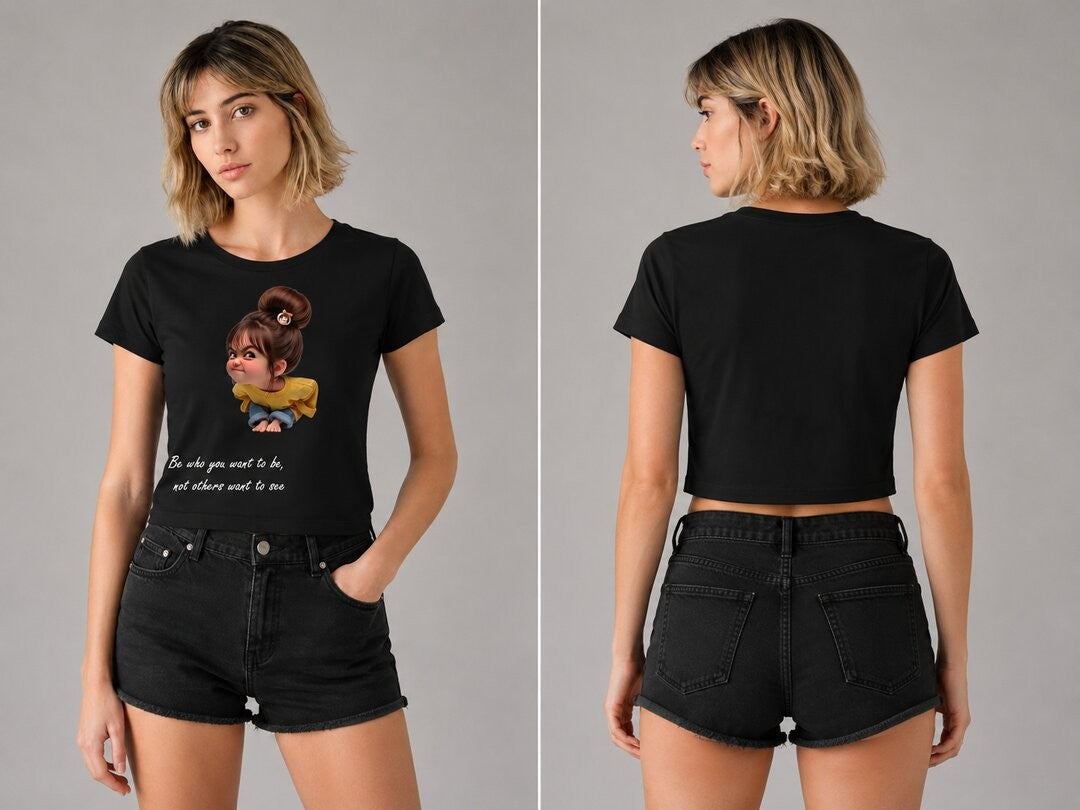 Naughty Printed Round Neck Crop Pre-customized Tshirt for Women