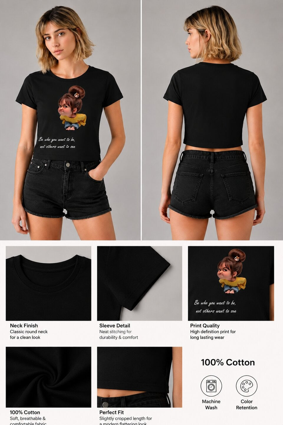 Naughty Printed Round Neck Crop Pre-customized Tshirt for Women