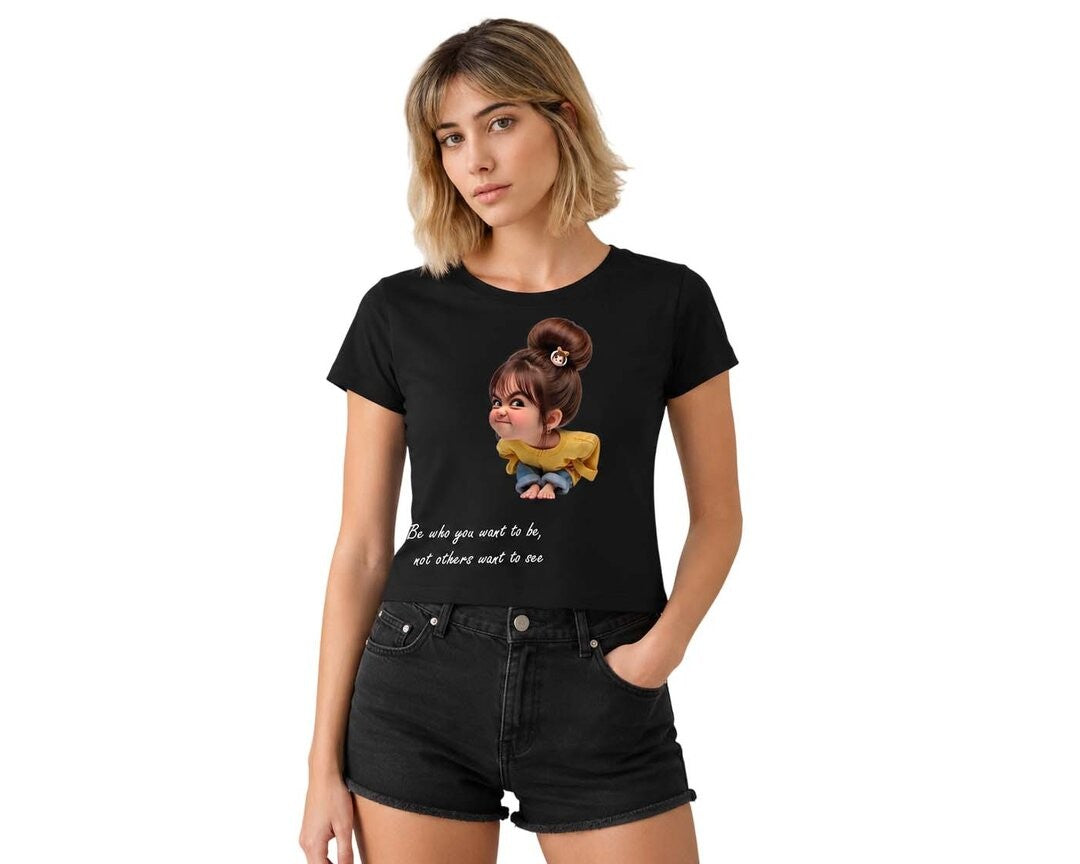 Naughty Printed Round Neck Crop Pre-customized Tshirt for Women