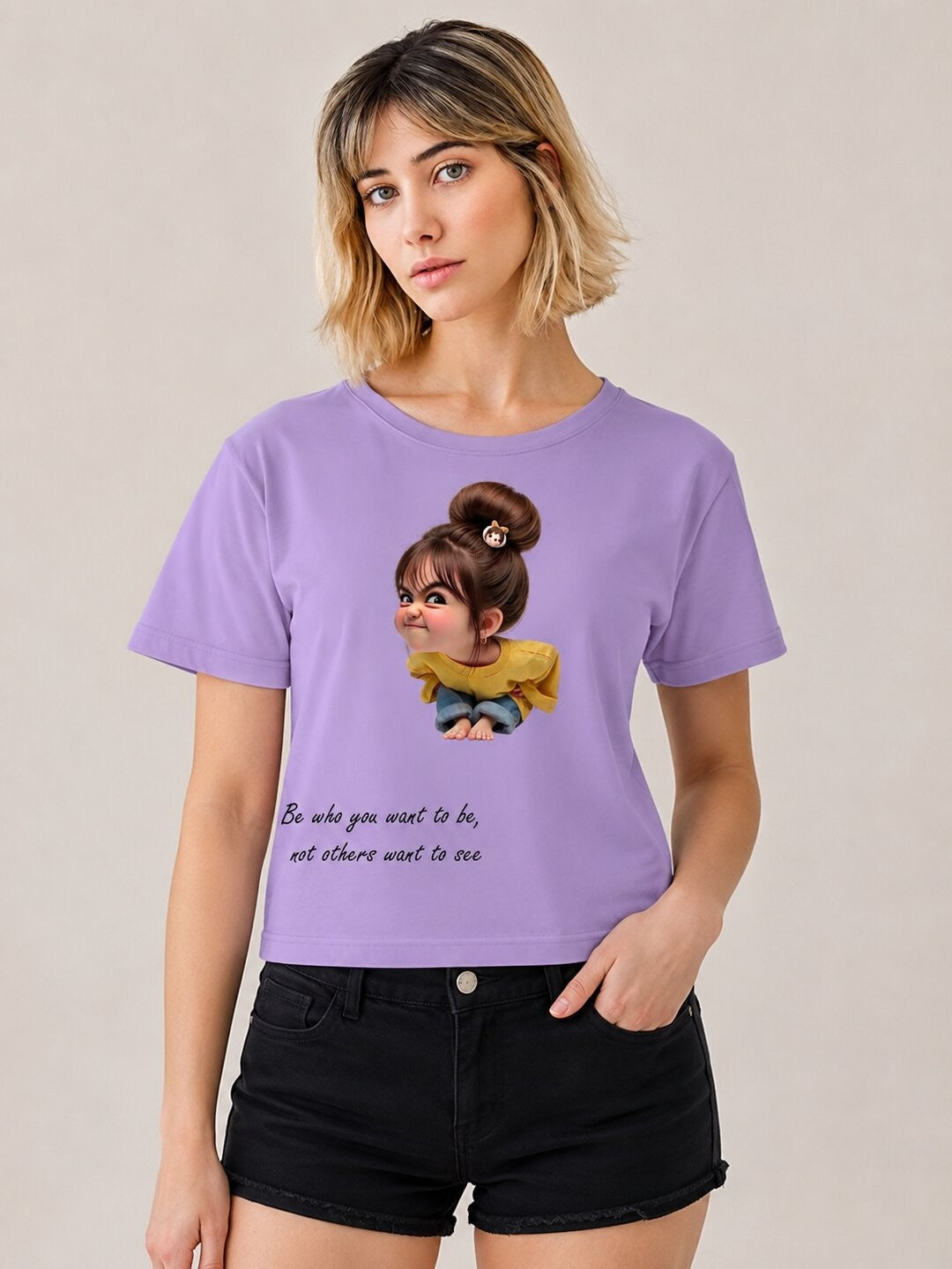 Naughty Printed Round Neck Crop Pre-customized Tshirt for Women