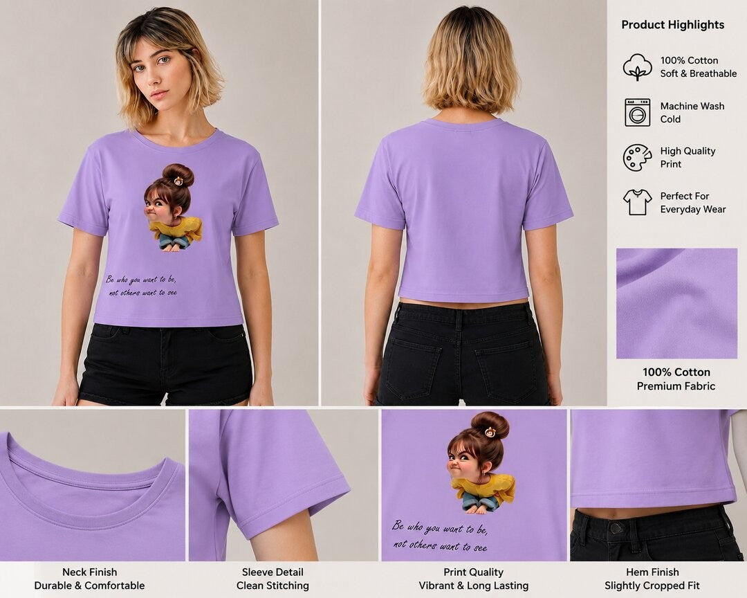 Naughty Printed Round Neck Crop Pre-customized Tshirt for Women