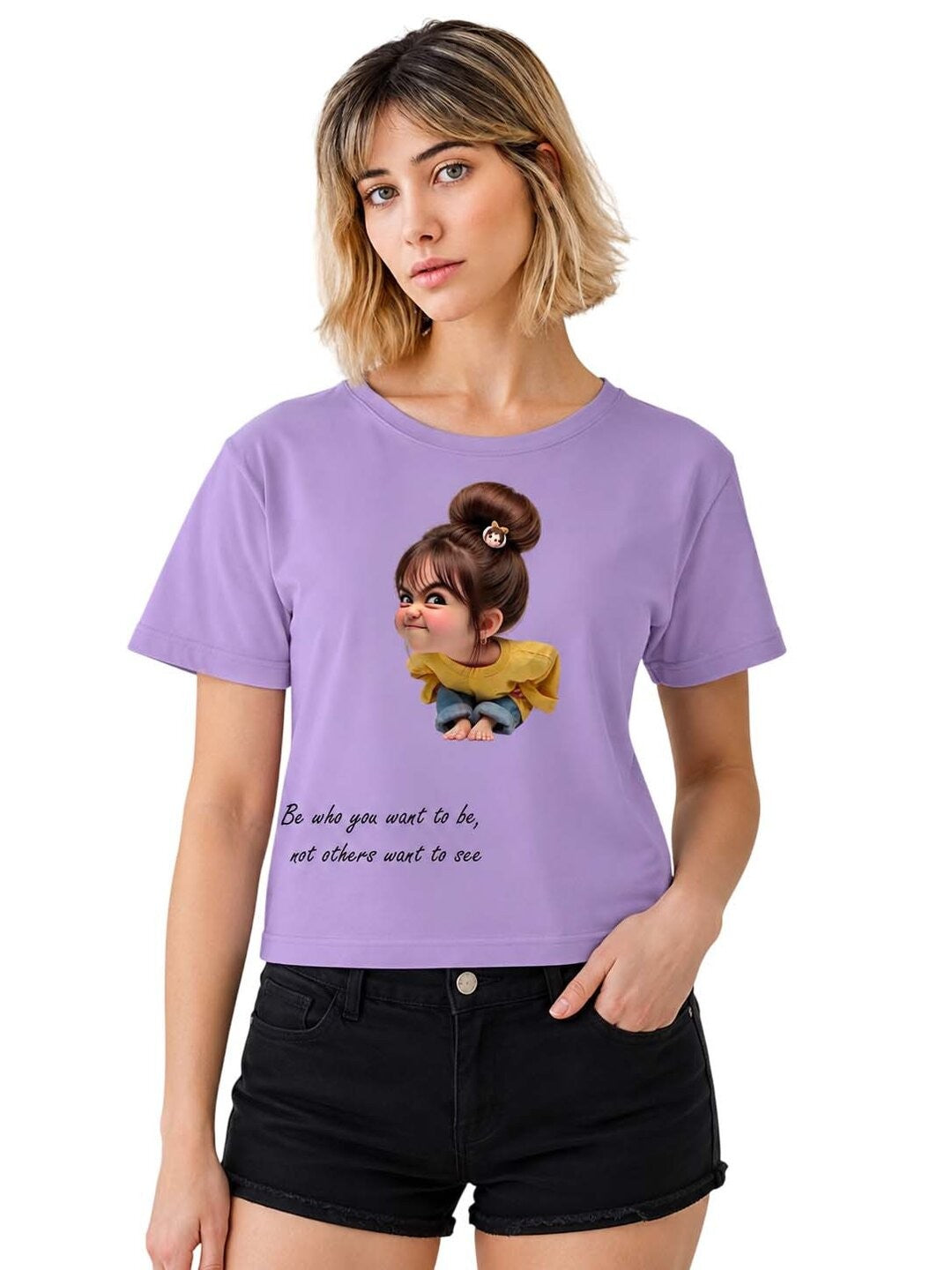 Naughty Printed Round Neck Crop Pre-customized Tshirt for Women