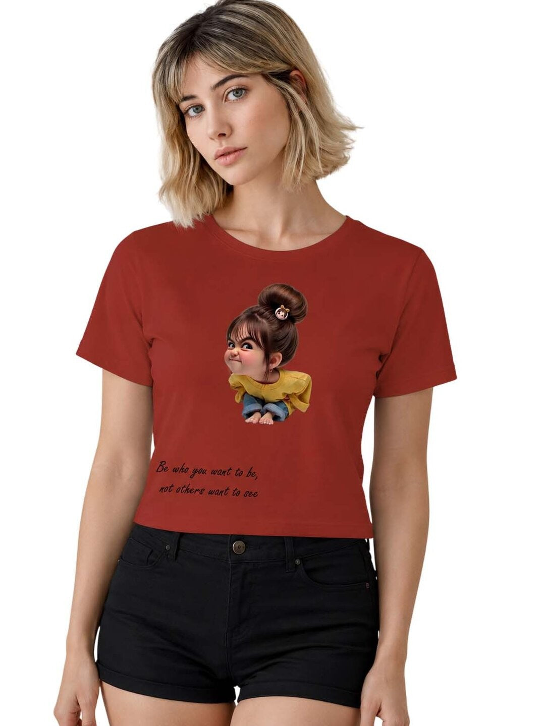 Naughty Printed Round Neck Crop Pre-customized Tshirt for Women