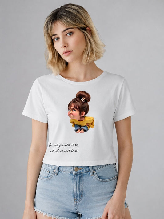 Naughty Printed Round Neck Crop Pre-customized Tshirt for Women