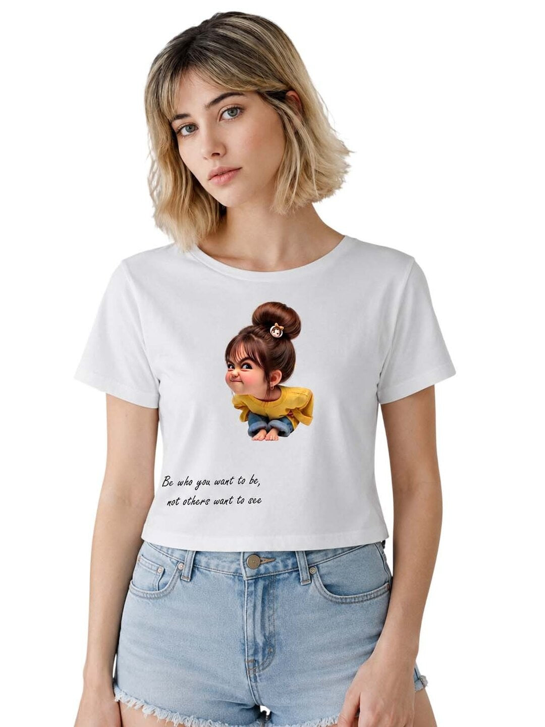 Naughty Printed Round Neck Crop Pre-customized Tshirt for Women