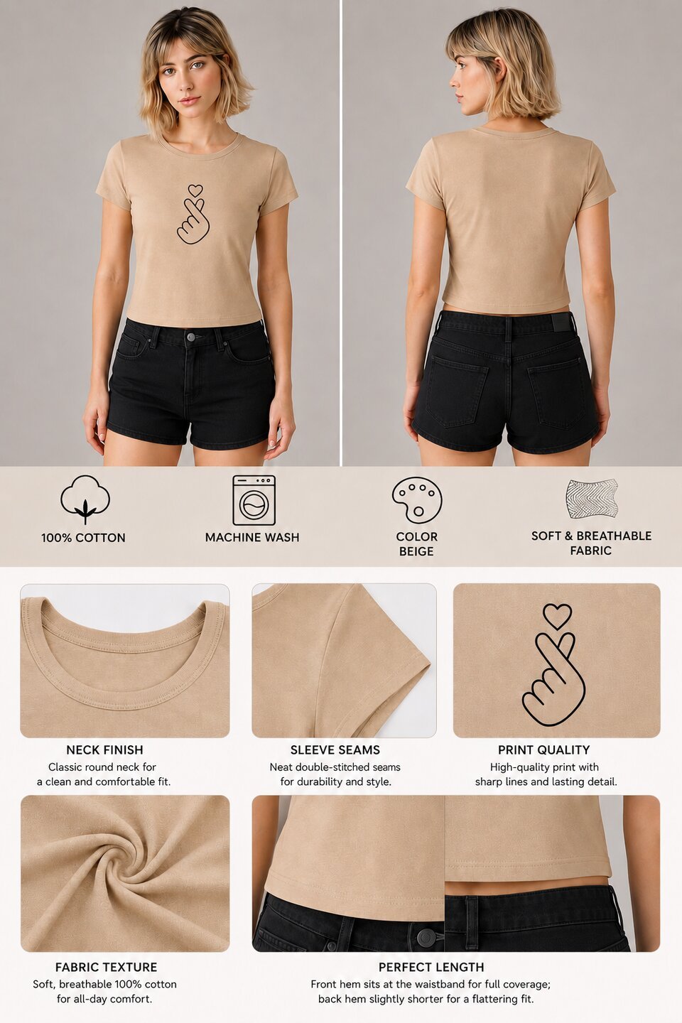Mini heart Printed Round Neck Crop Pre-customized Tshirt for Women