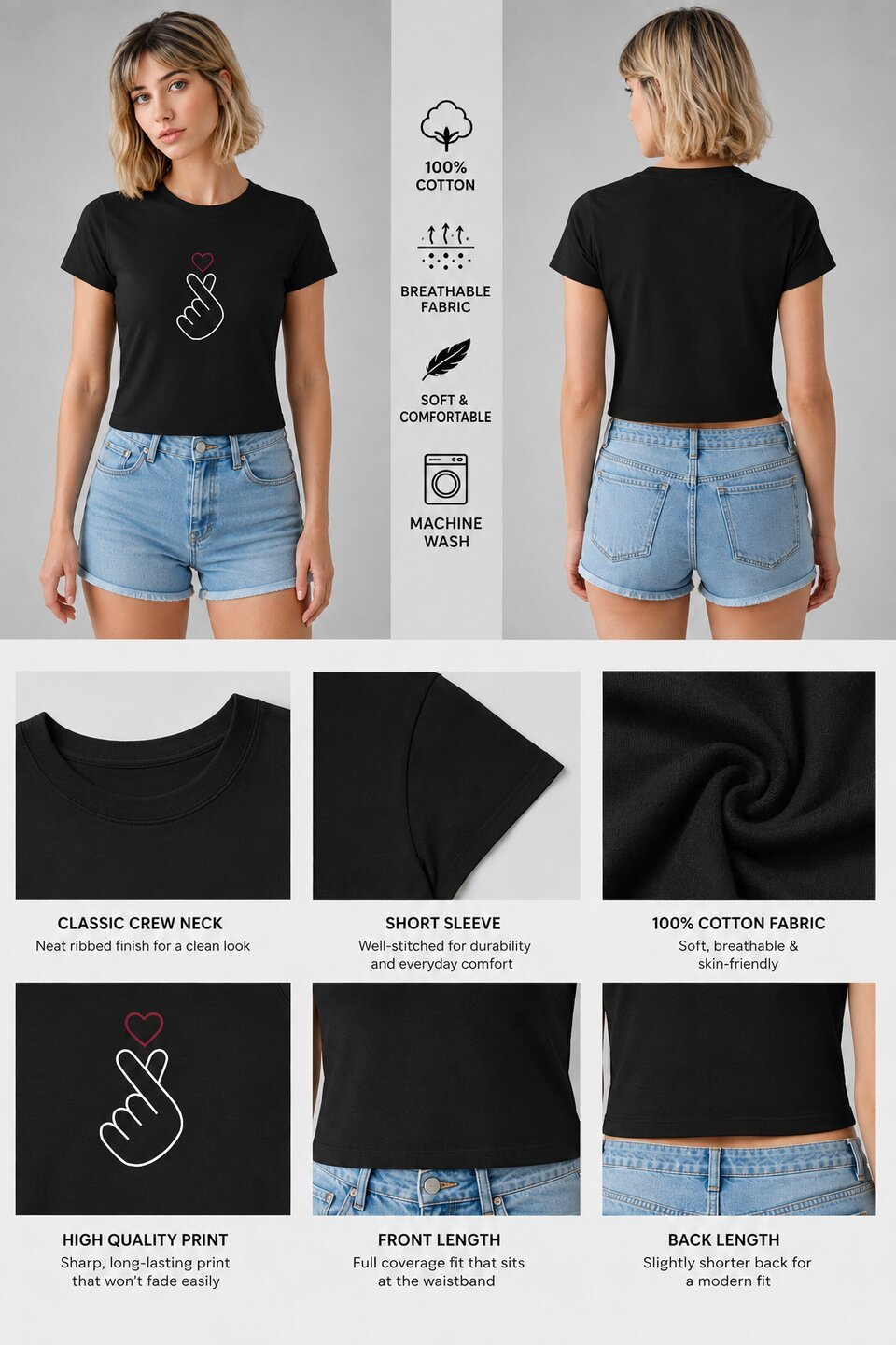 Mini heart Printed Round Neck Crop Pre-customized Tshirt for Women