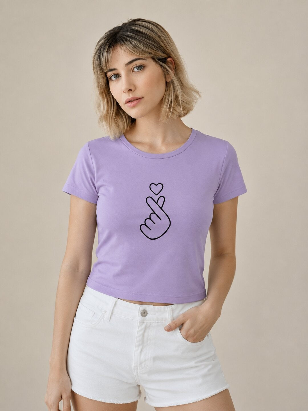 Mini heart Printed Round Neck Crop Pre-customized Tshirt for Women