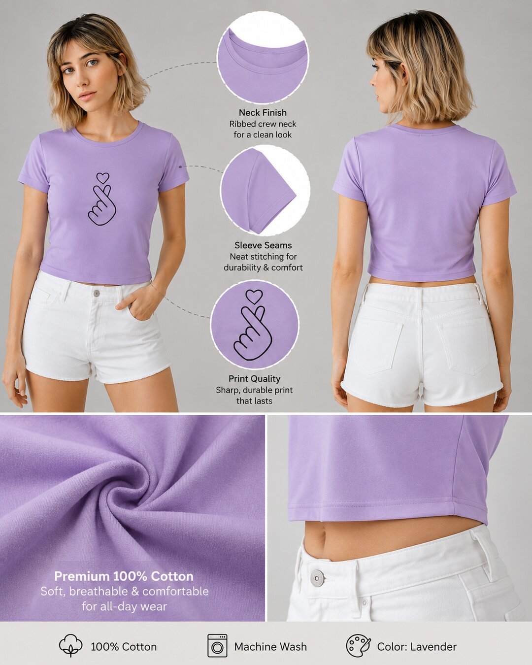 Mini heart Printed Round Neck Crop Pre-customized Tshirt for Women