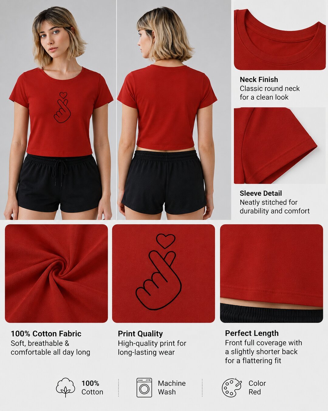 Mini heart Printed Round Neck Crop Pre-customized Tshirt for Women