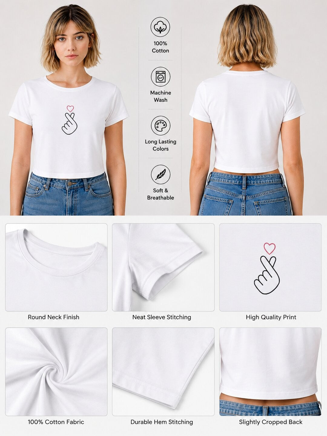 Mini heart Printed Round Neck Crop Pre-customized Tshirt for Women