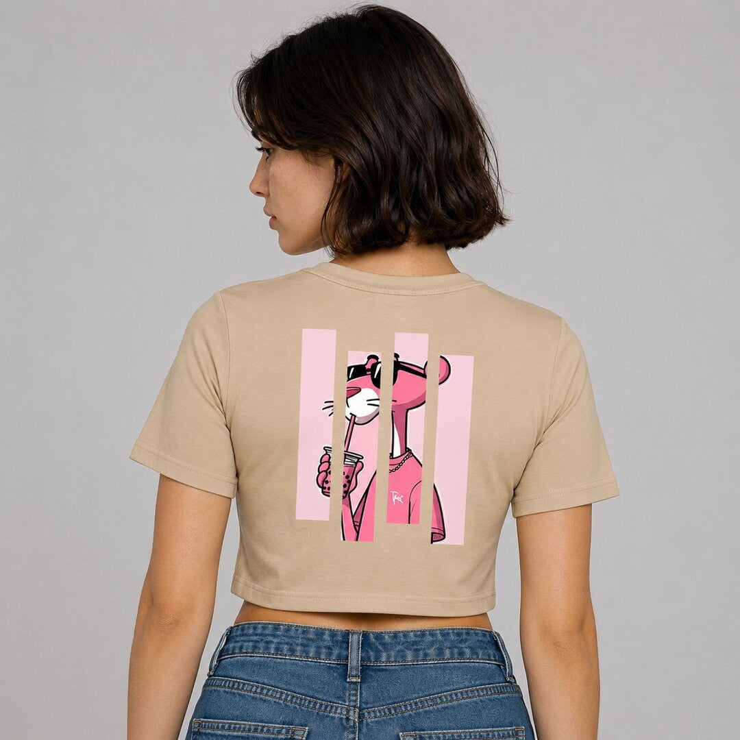 Pink Panther Printed Round Neck Crop Pre-customized Tshirt for Women