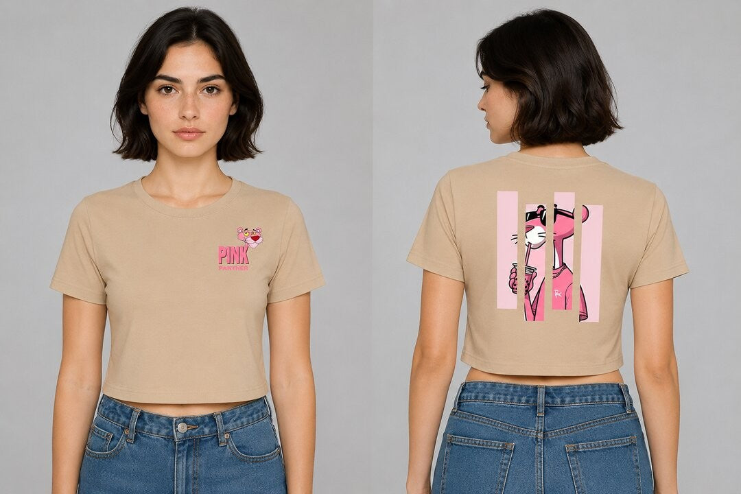 Pink Panther Printed Round Neck Crop Pre-customized Tshirt for Women