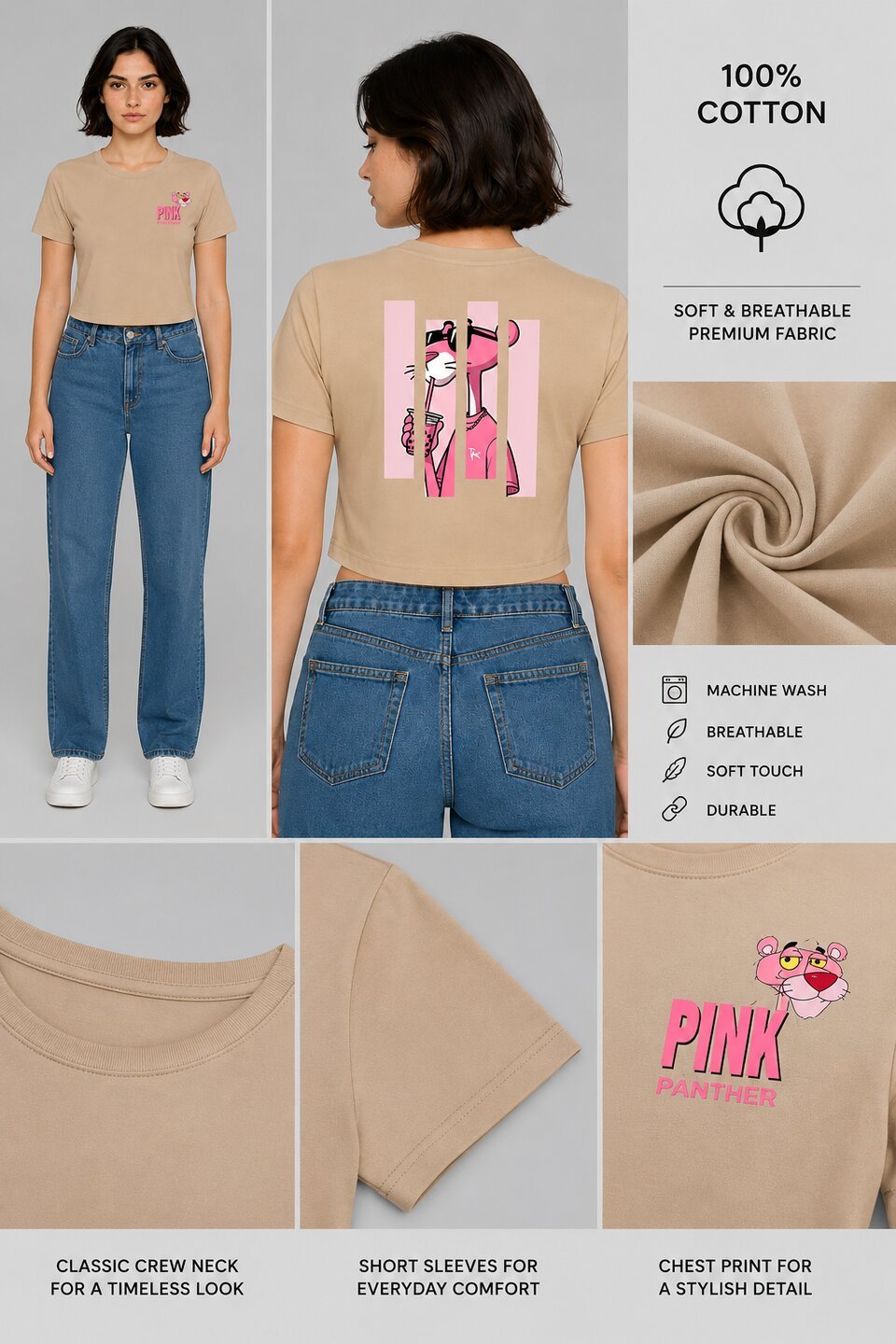 Pink Panther Printed Round Neck Crop Pre-customized Tshirt for Women