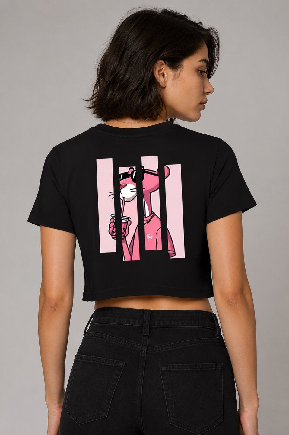 Pink Panther Printed Round Neck Crop Pre-customized Tshirt for Women