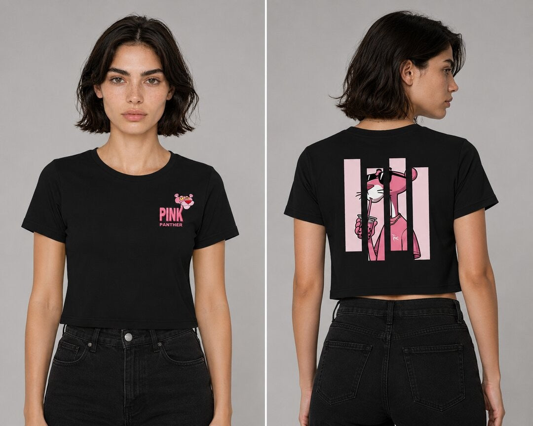 Pink Panther Printed Round Neck Crop Pre-customized Tshirt for Women