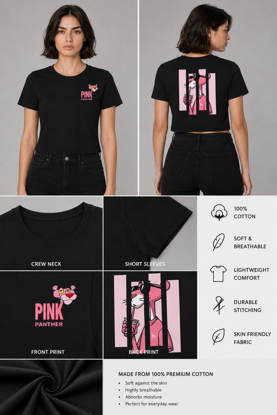 Pink Panther Printed Round Neck Crop Pre-customized Tshirt for Women