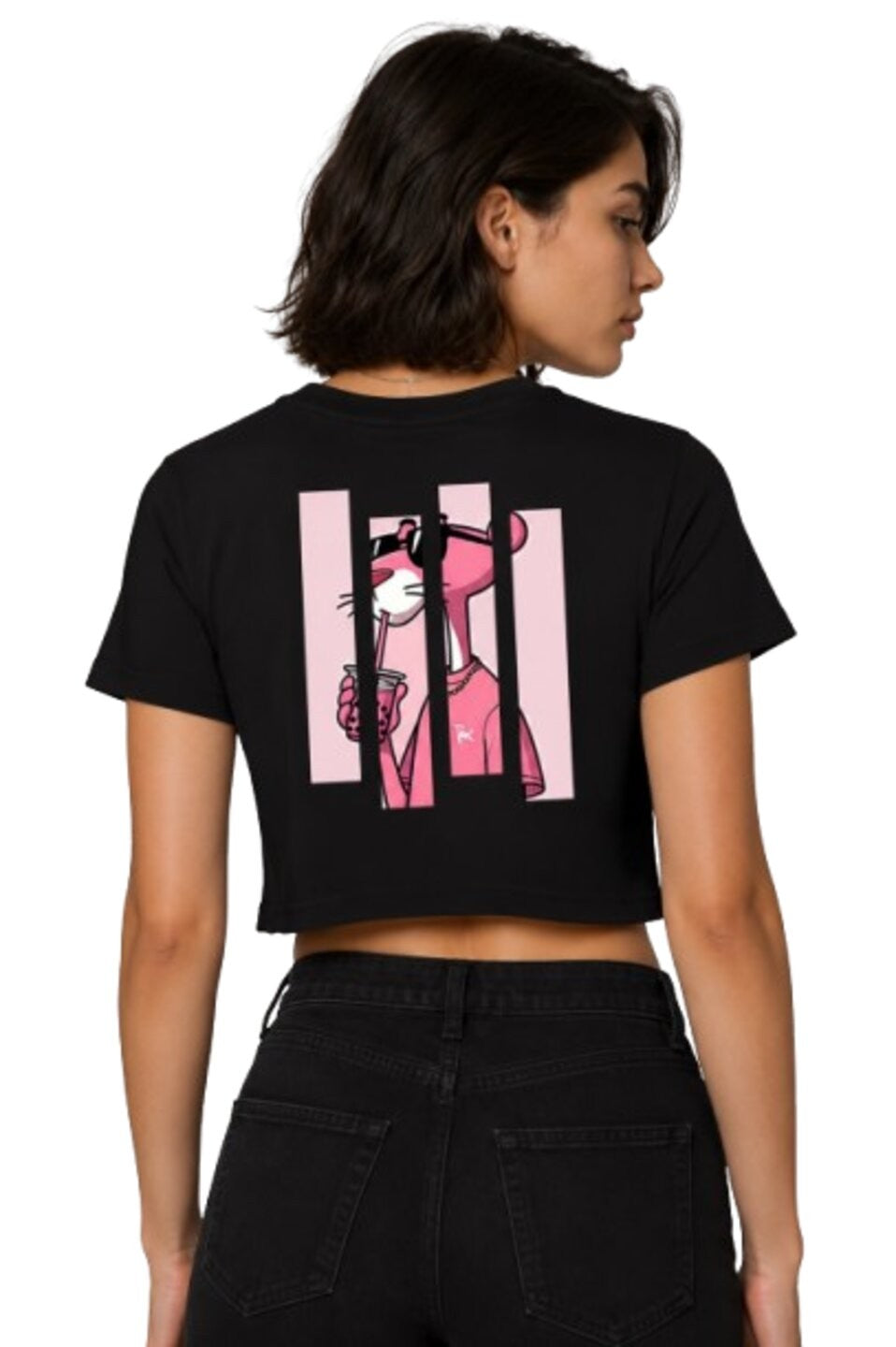 Pink Panther Printed Round Neck Crop Pre-customized Tshirt for Women