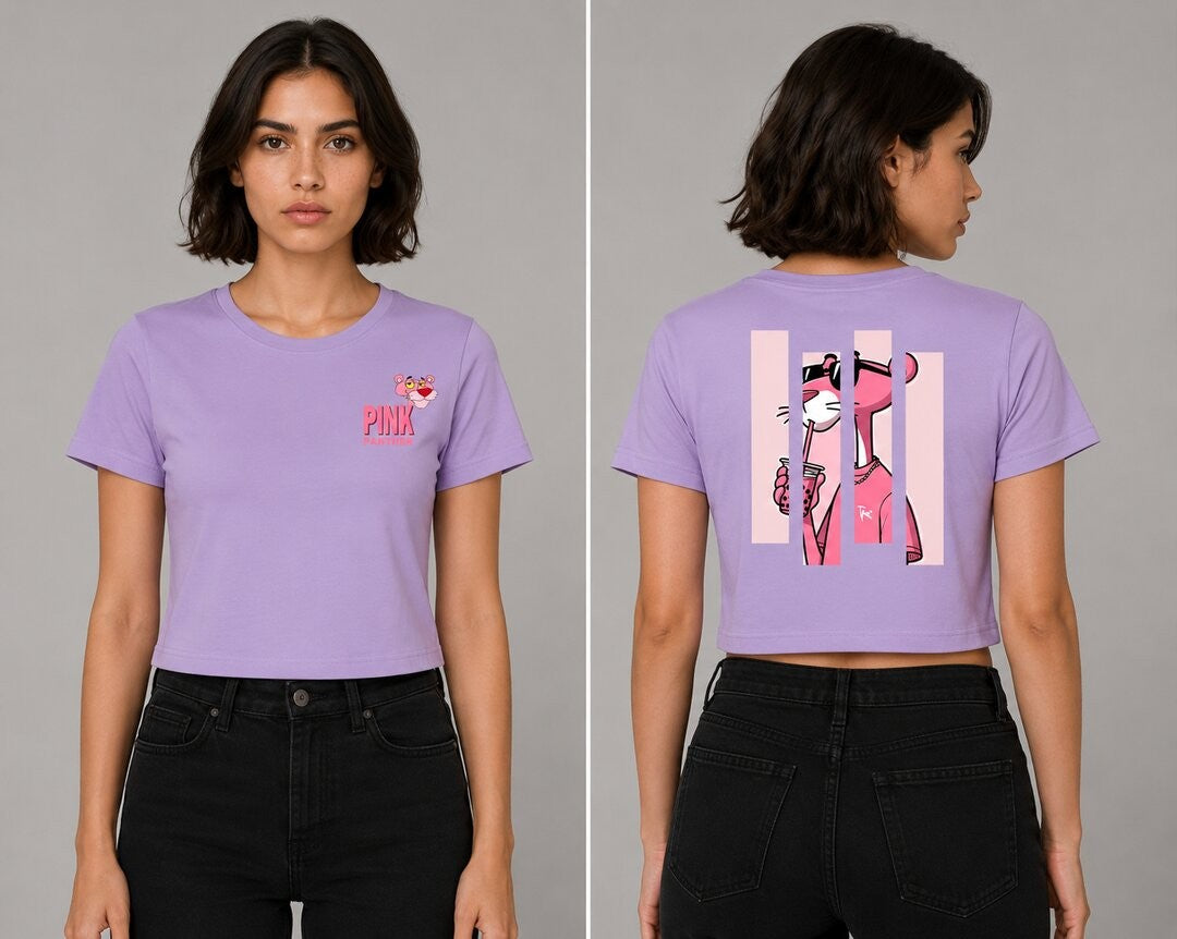 Pink Panther Printed Round Neck Crop Pre-customized Tshirt for Women