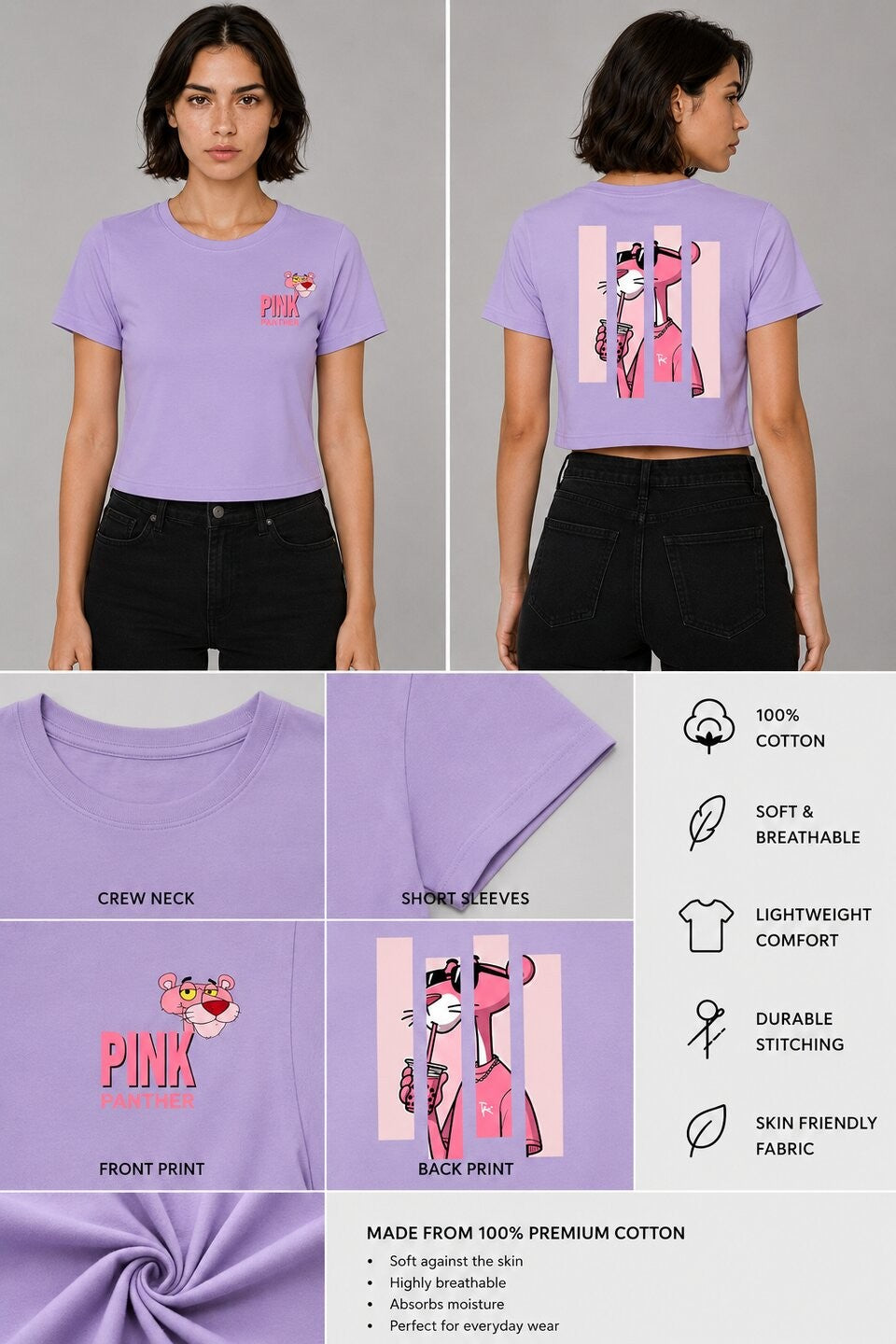 Pink Panther Printed Round Neck Crop Pre-customized Tshirt for Women
