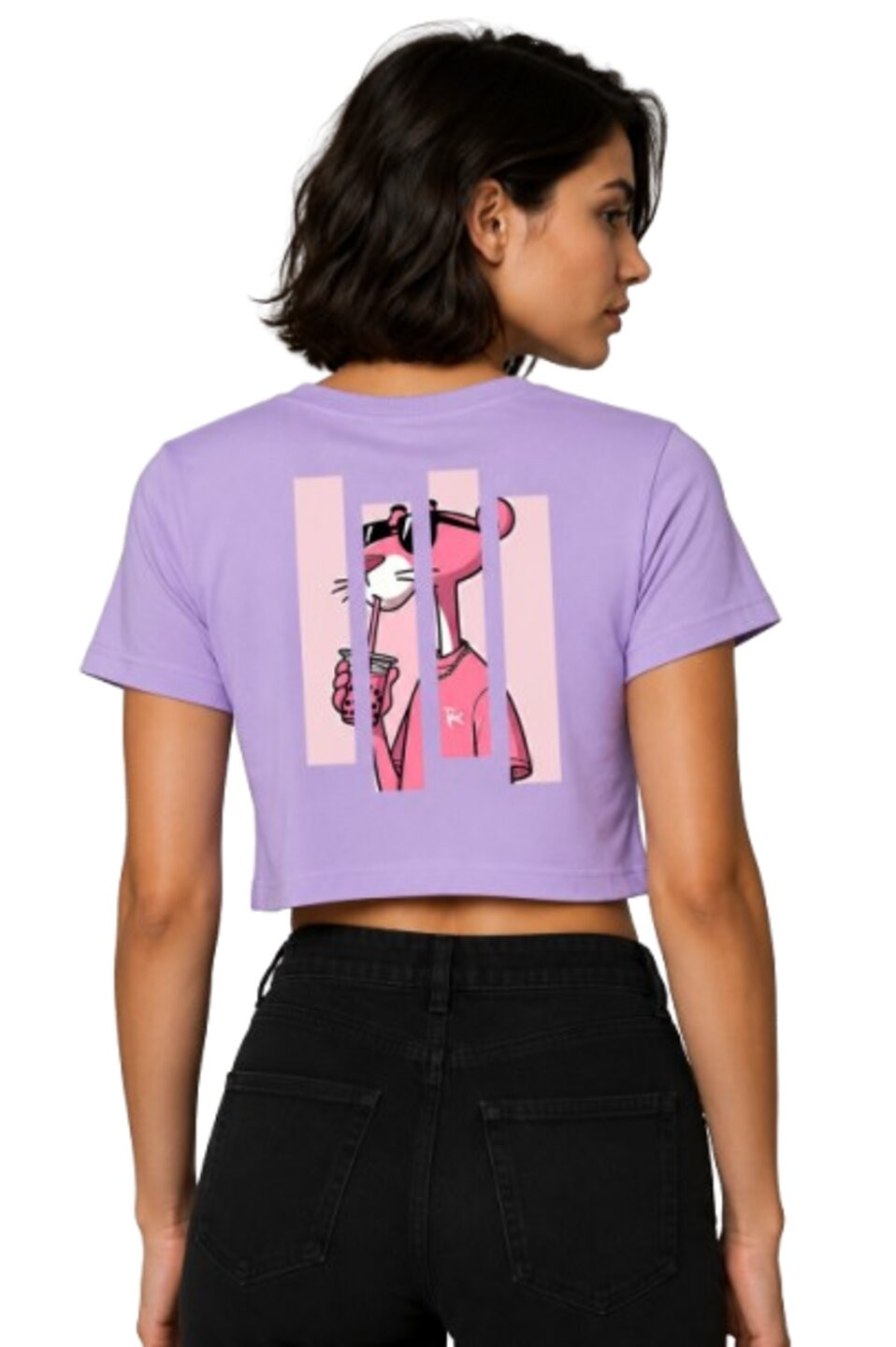 Pink Panther Printed Round Neck Crop Pre-customized Tshirt for Women