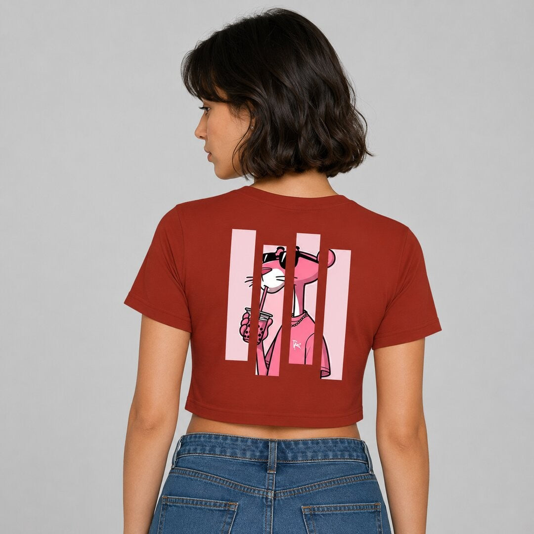 Pink Panther Printed Round Neck Crop Pre-customized Tshirt for Women