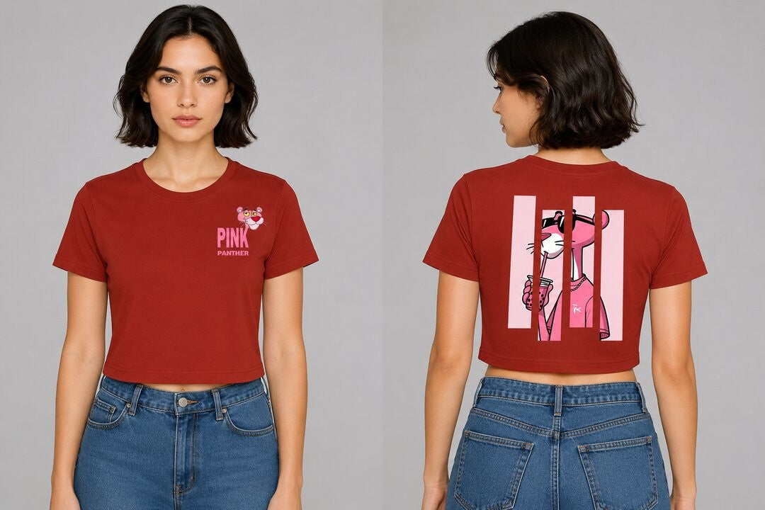 Pink Panther Printed Round Neck Crop Pre-customized Tshirt for Women