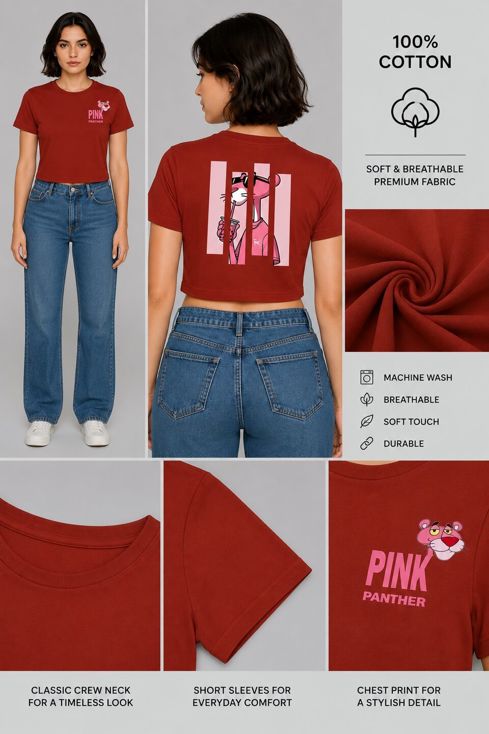 Pink Panther Printed Round Neck Crop Pre-customized Tshirt for Women