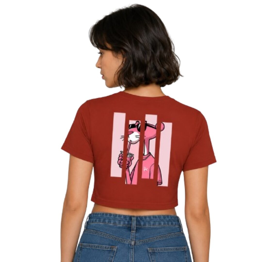 Pink Panther Printed Round Neck Crop Pre-customized Tshirt for Women