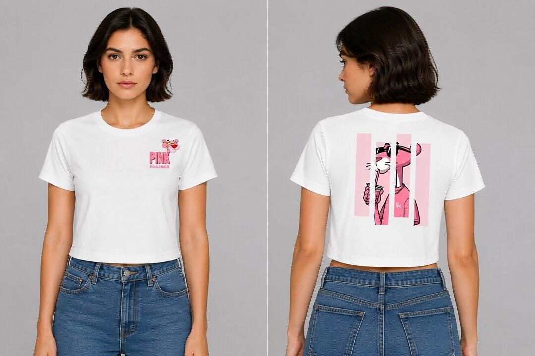 Pink Panther Printed Round Neck Crop Pre-customized Tshirt for Women