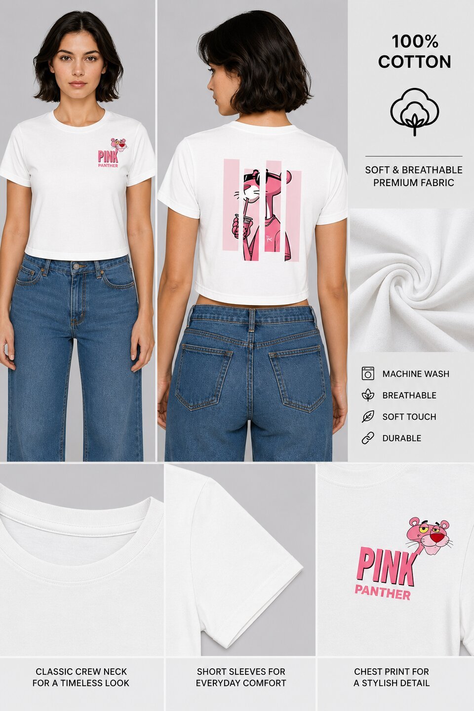 Pink Panther Printed Round Neck Crop Pre-customized Tshirt for Women