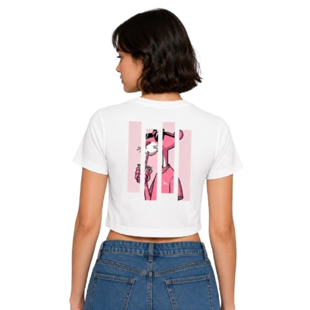 Pink Panther Printed Round Neck Crop Pre-customized Tshirt for Women