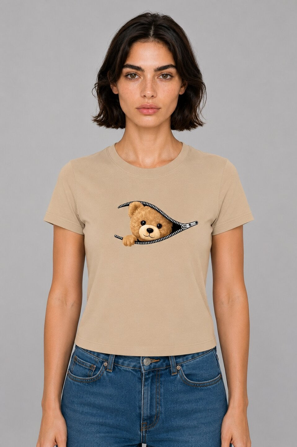 Teddy Printed Round Neck Crop Pre-customized Tshirt for Women