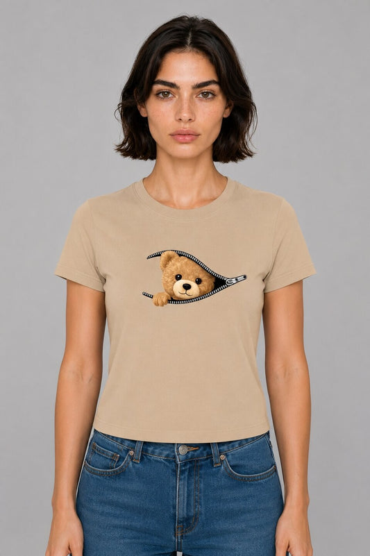 Teddy Printed Round Neck Crop Pre-customized Tshirt for Women