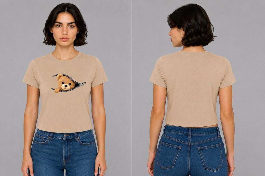 Teddy Printed Round Neck Crop Pre-customized Tshirt for Women