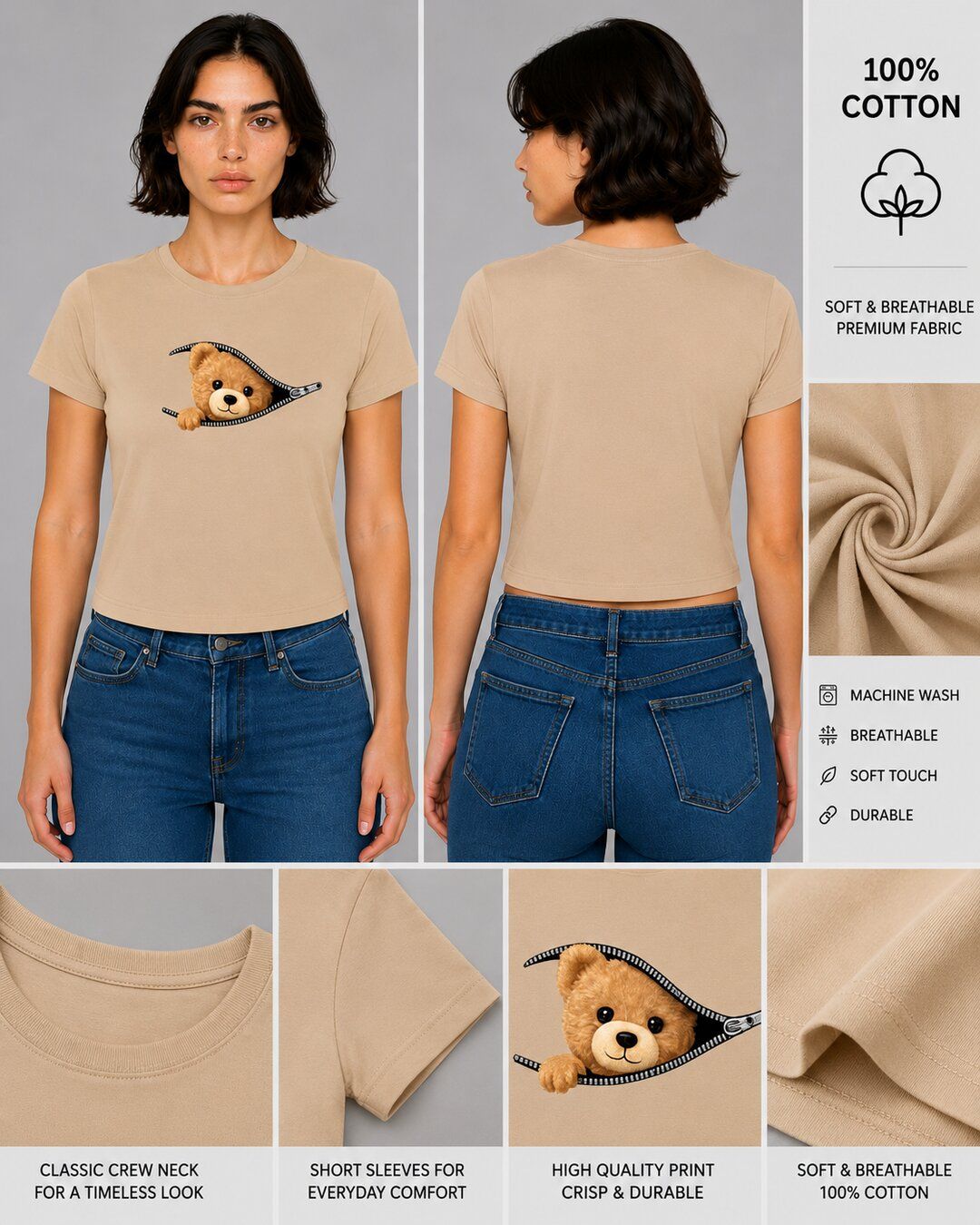 Teddy Printed Round Neck Crop Pre-customized Tshirt for Women