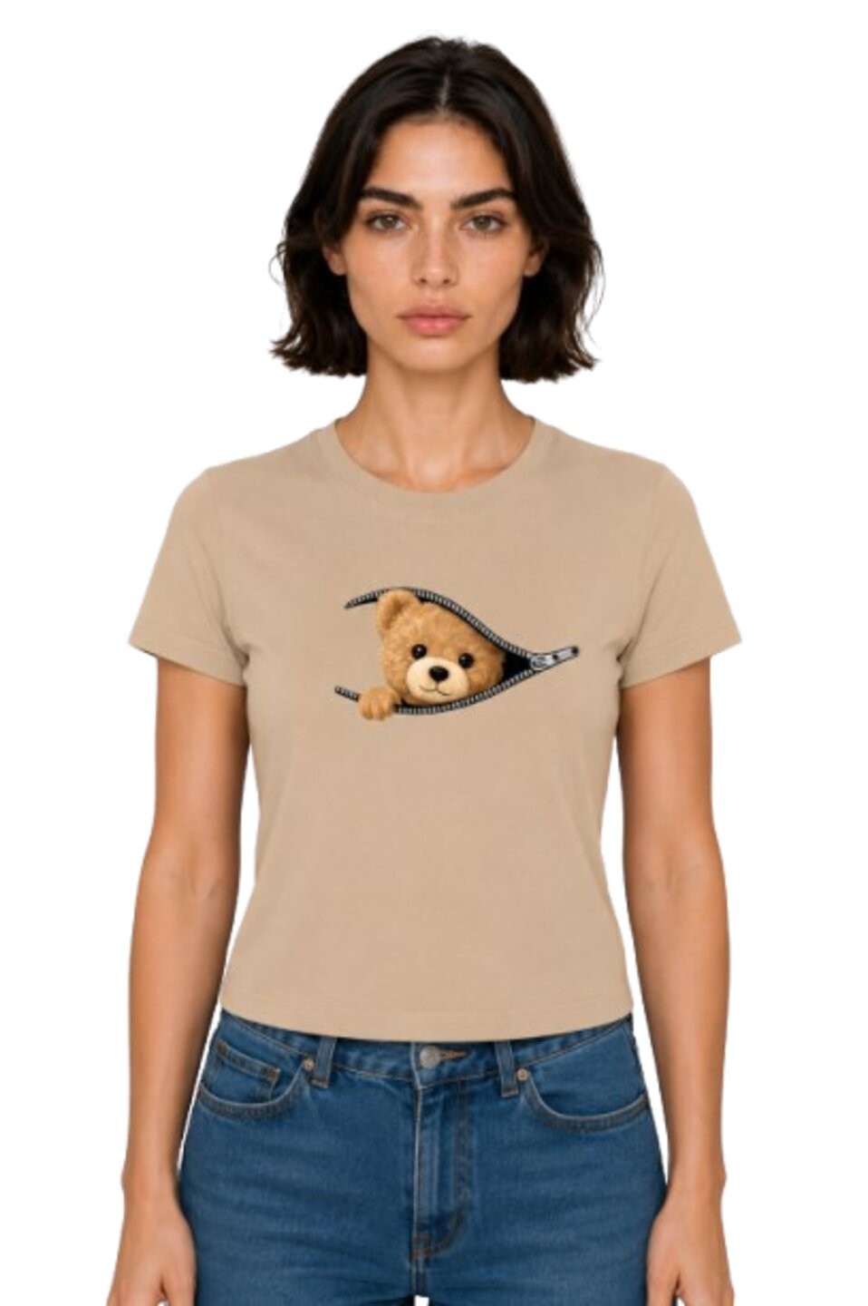 Teddy Printed Round Neck Crop Pre-customized Tshirt for Women