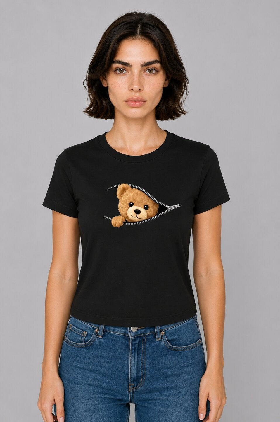 Teddy Printed Round Neck Crop Pre-customized Tshirt for Women