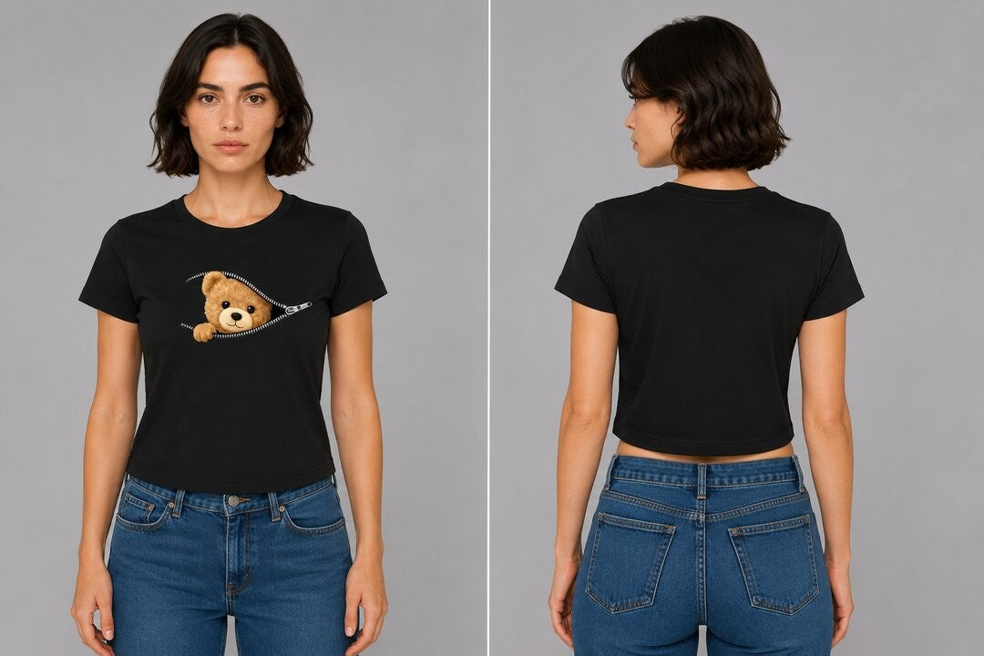 Teddy Printed Round Neck Crop Pre-customized Tshirt for Women